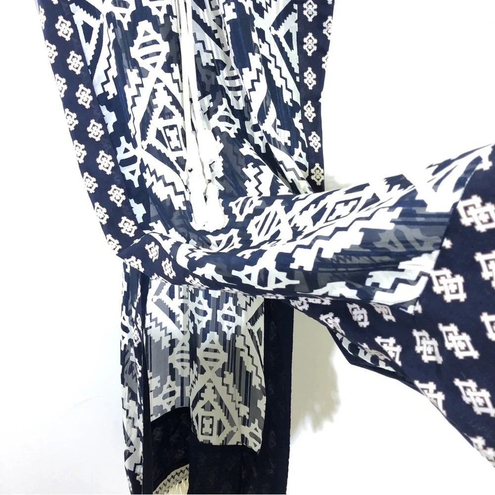 TORY BURCH Beatrice Blue White Geometric Fringe Caftan Beach Cover Up Dress